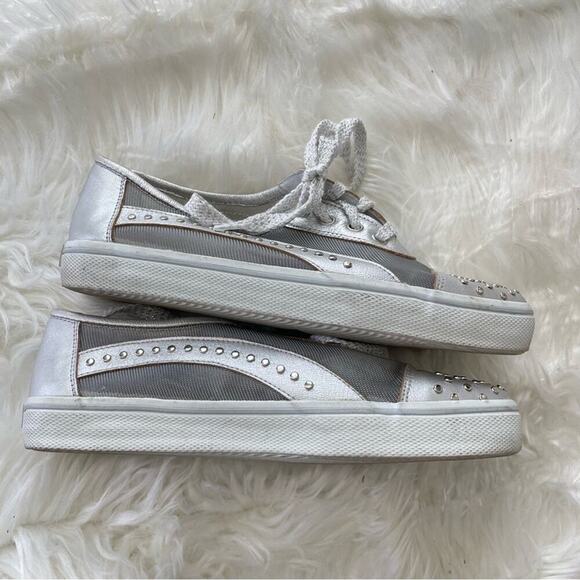 Stuart Weitzman | Women’s Silver Mesh Studded Studs Embellished Sneakers Shoes 7 - Picture 2 of 10